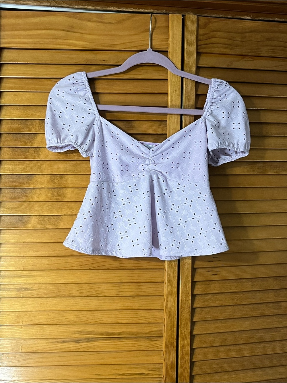 Blue Rain Lavender Eyelet Puff-Sleeve Peplum Top